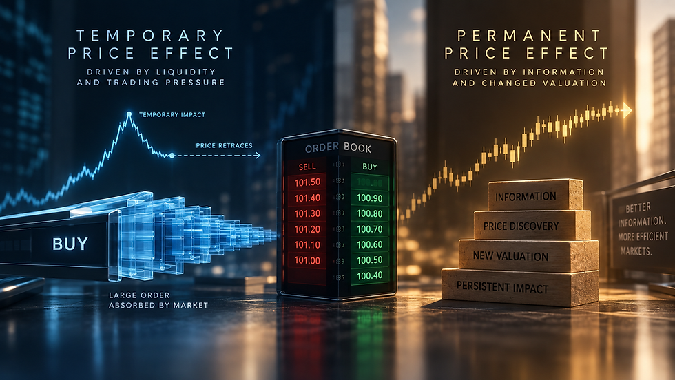 A financial market illustration showing how large trades can create temporary and permanent price effects. An order book sits between two market scenarios: one price spike retraces as liquidity absorbs trading pressure, while another continues upward as new information changes valuation. Charts and trading indicators visually represent price discovery and market impact.