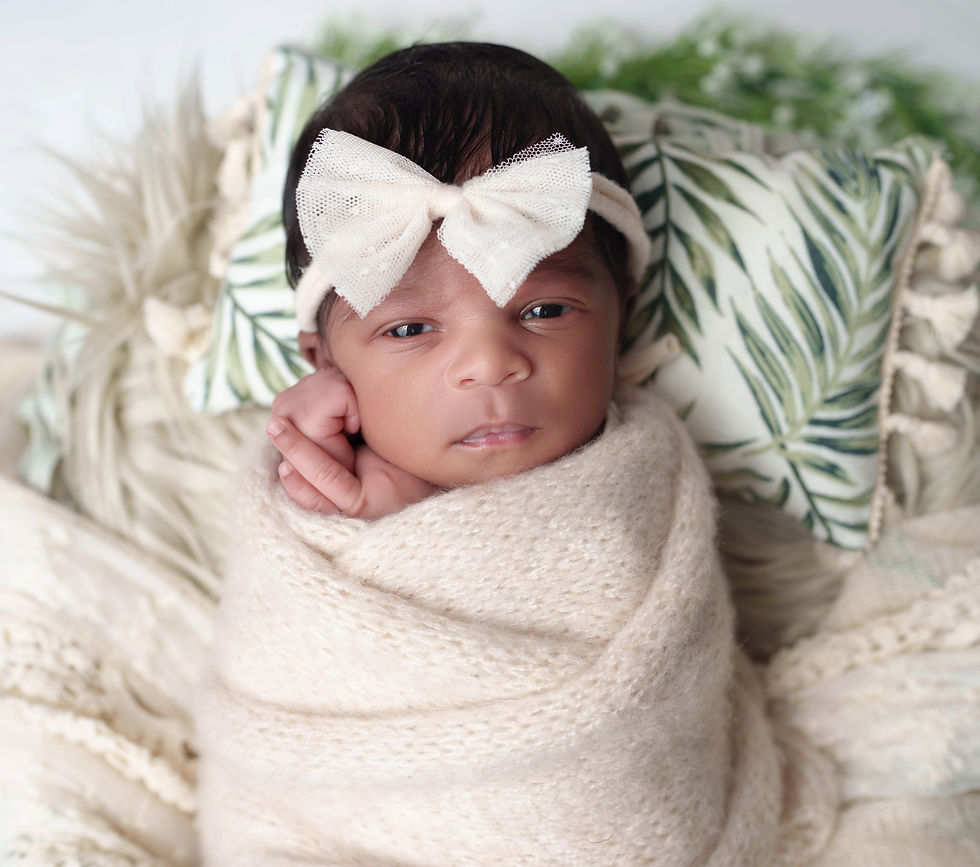 Neutral palette newborn photography with soft white bow in Northern Virginia