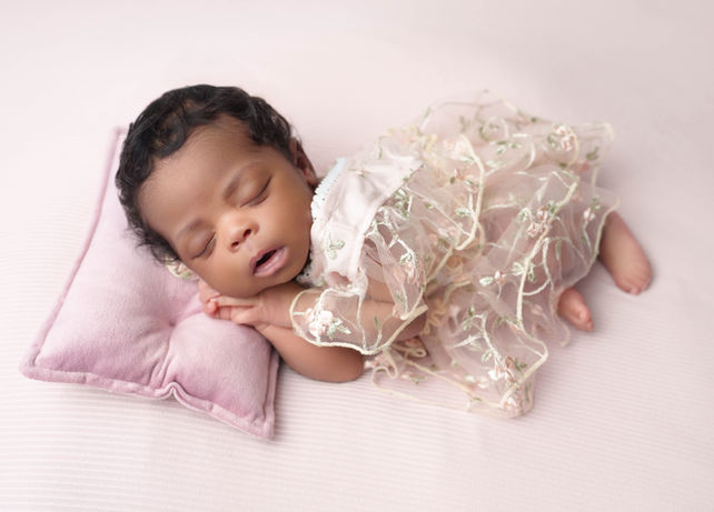 Gentle posed newborn photography session for baby girl in Fairfax County Virginia"
"Professional newborn portrait of sleeping baby girl with pink props in Northern Virginia studio