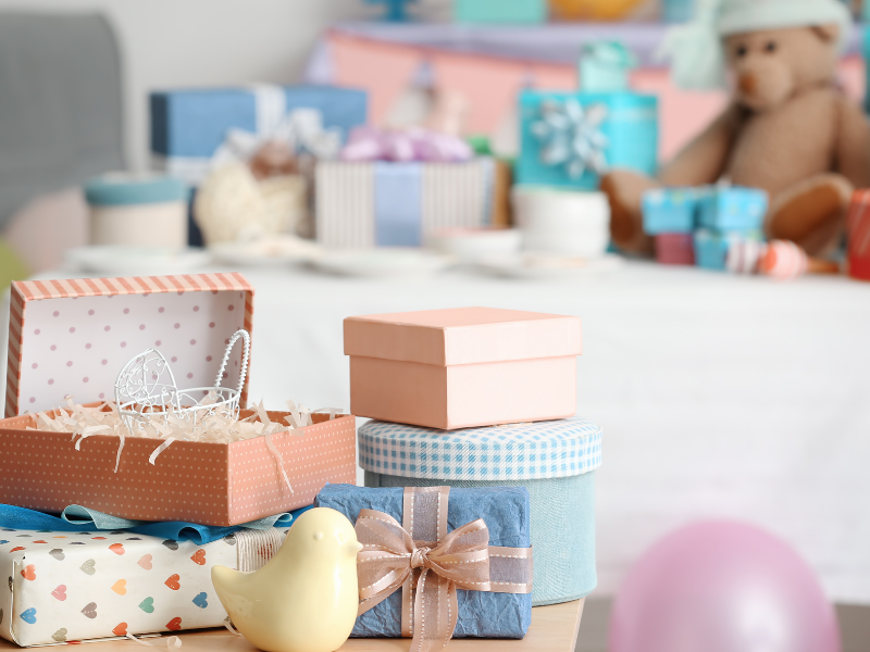 Beautiful baby shower gift display in Northern Virginia home