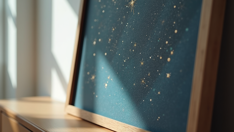 Close-up view of a framed starseed art print with celestial motifs