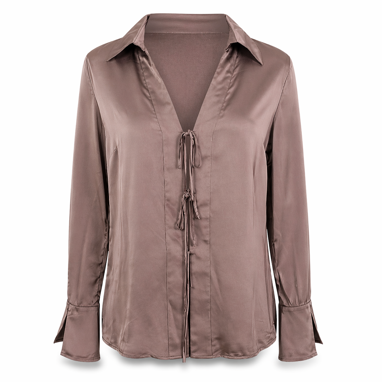 Witchery Taupe Brown Long Sleeve Satin Blouse - Size L (UK12)