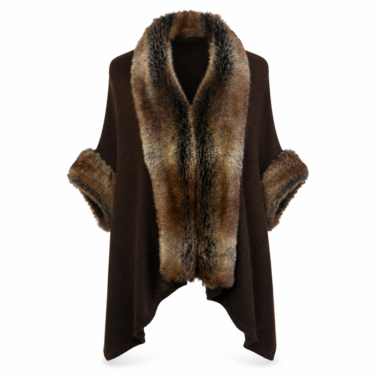 Brown Poncho with Fur Trim - Size S/M