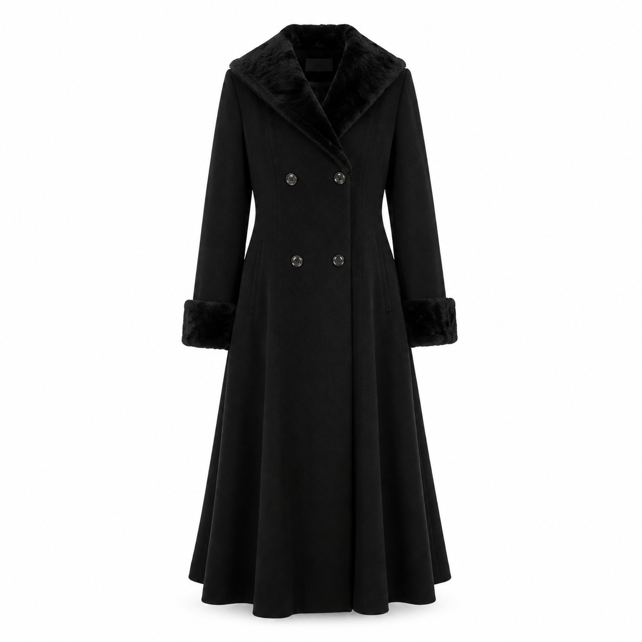Nuage Black Coat with Fur Collar - Size 12