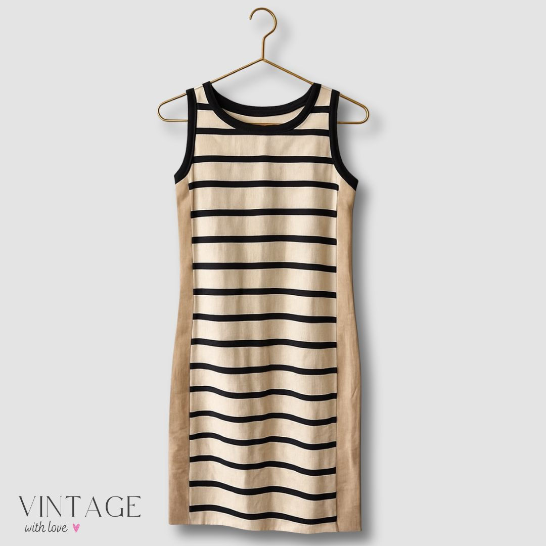 Trenery Black & Cream Striped Dress - Size 8