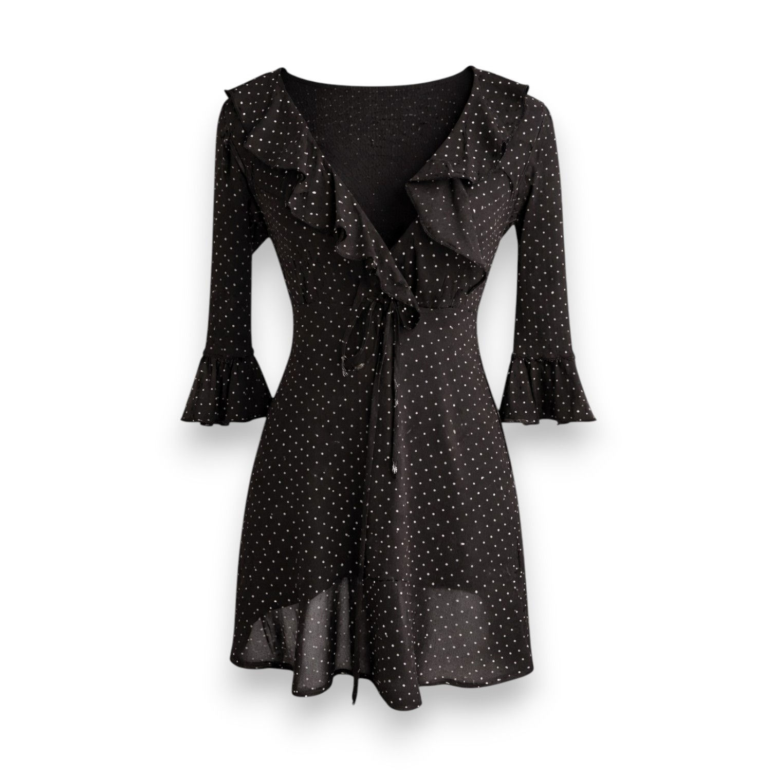 Jelli Bean Black With White Polka Dot Frill Mini Dress - Size Estimate S/M