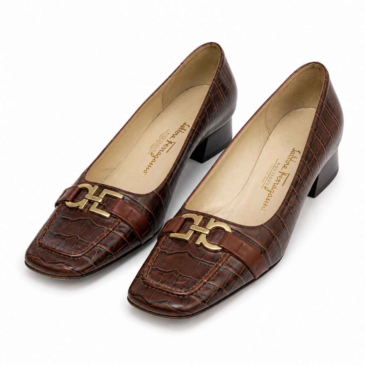 Salvatore Ferragamo Boutique Dark Drown Croc-embossed Leather Pumps - Size 5