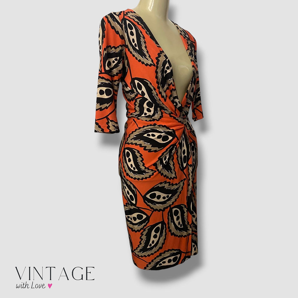 Thumbnail: Diane Von Furstenburg Orange Patterned Silk Wrap Dress - Size 2