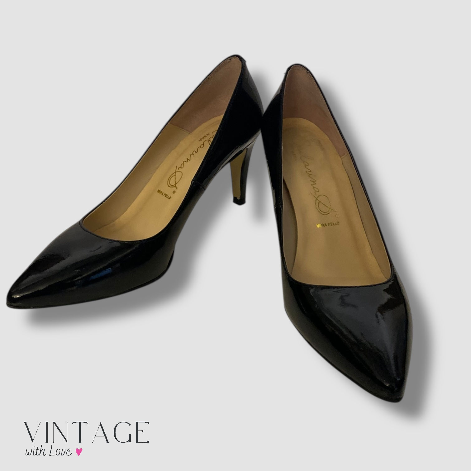 Vera Pelle Black Patented Leather Pointed Toe Heel - Size EU36 (UK3)