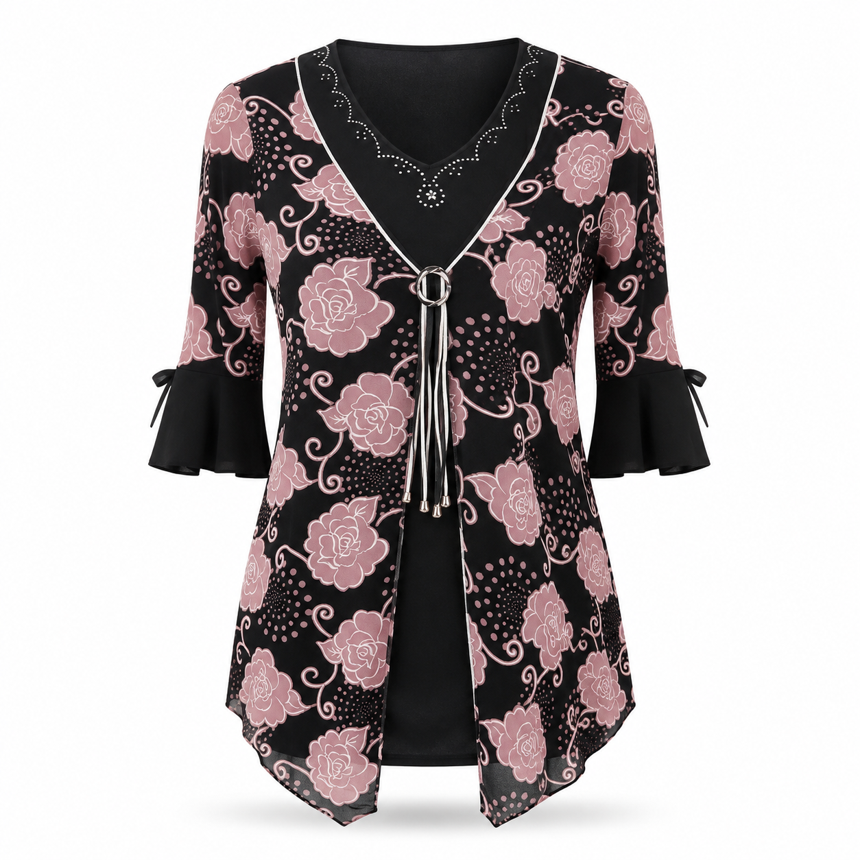 Queenspark Pink & Black Floral Tunic - Size S