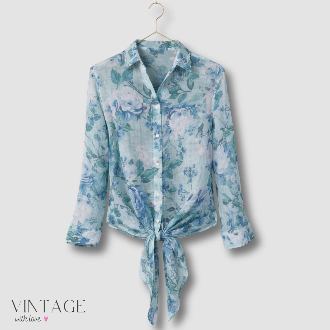 Forever New Floral Blue Tie Front Shirt - Size EUR 32
