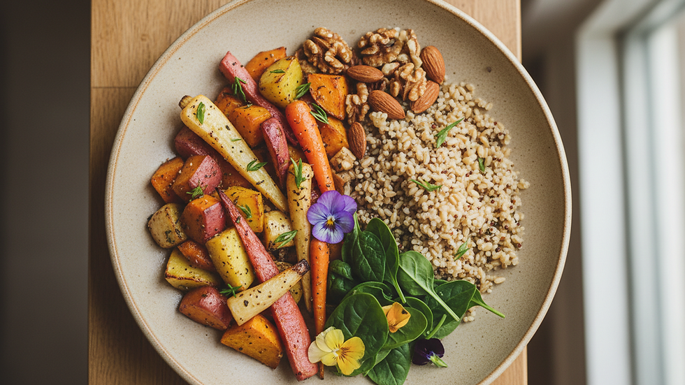 Vue en plongée d’une assiette équilibrée avec légumes, céréales et noix
