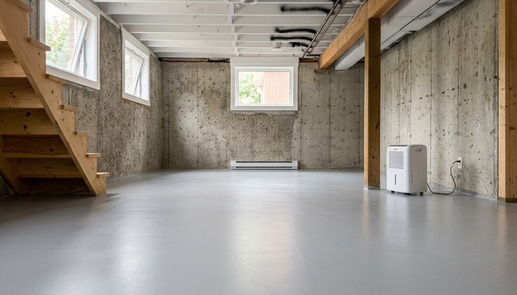 Wide-angle view of a clean Ontario basement with a smooth grey epoxy floor and exposed concrete walls