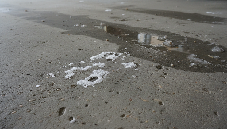 Close-up view of road salt residue and pitting on an untreated garage floor