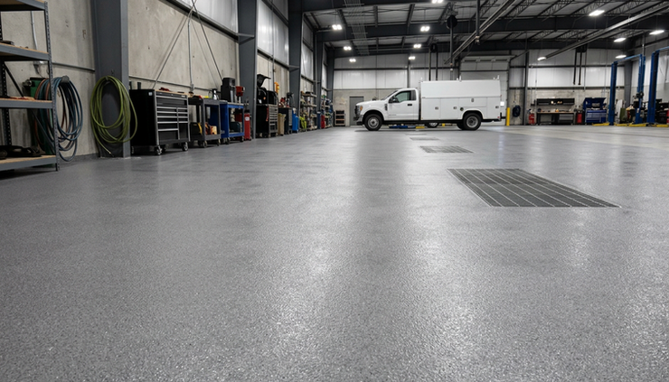 Eye-level view of a textured commercial floor coating in a service area