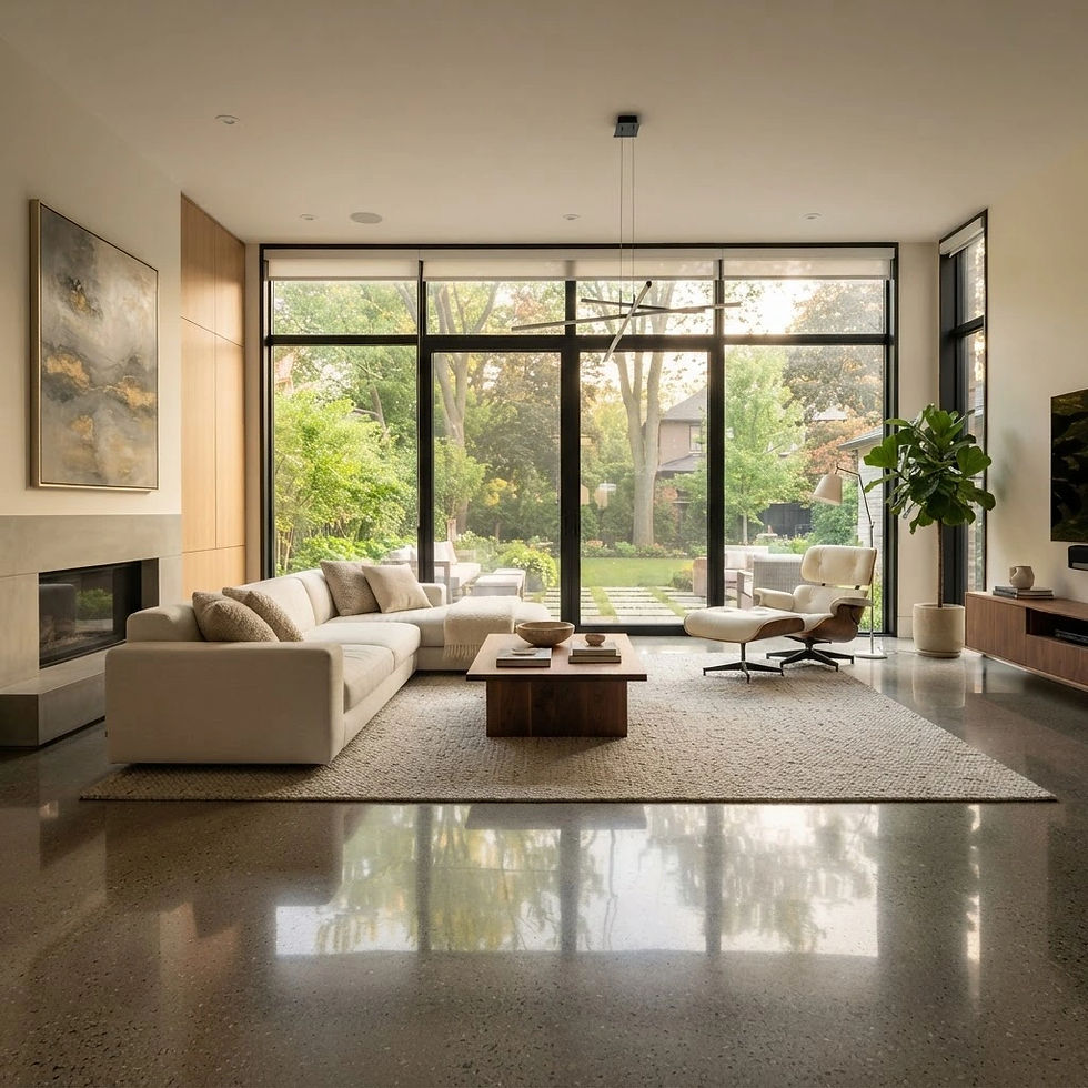 High-gloss concrete polishing in a modern Markham residential living room by SurfacePro Epoxy Flooring Concrete Polishing Markham & GTA | SurfacePro Epoxy Flooring