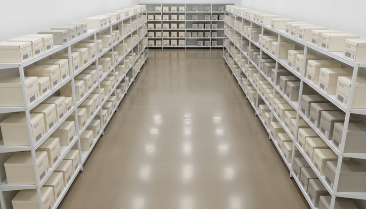 Overhead view of a retail aisle with polished epoxy flooring and neatly arranged product shelves.
