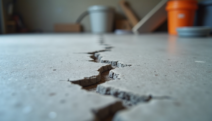Close-up view of cracked concrete slab on an Ontario garage floor SurfacePro Epoxy Flooring