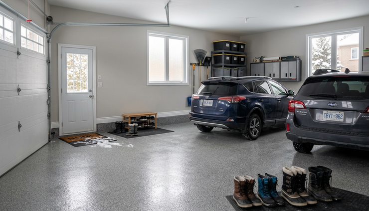 Wide-angle view of a clean residential garage with a glossy epoxy floor in a Markham home.