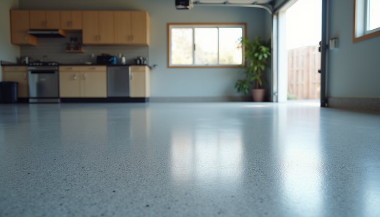 Eye-level view of a freshly coated epoxy garage floor in a Toronto home garage