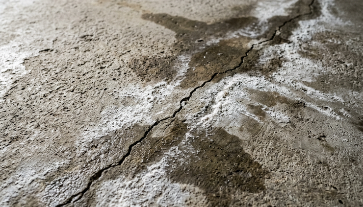 Close-up view of a concrete basement slab with moisture staining and white mineral deposits near a crack