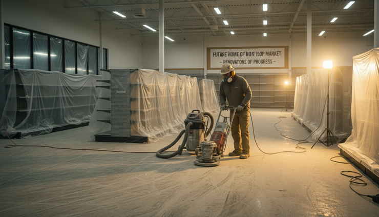 Eye-level view of a contractor grinding concrete in a closed retail space