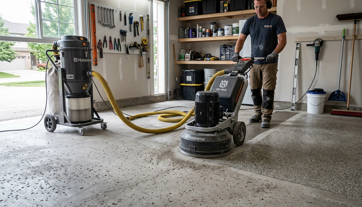 Eye-level view of a residential garage floor being ground before coating