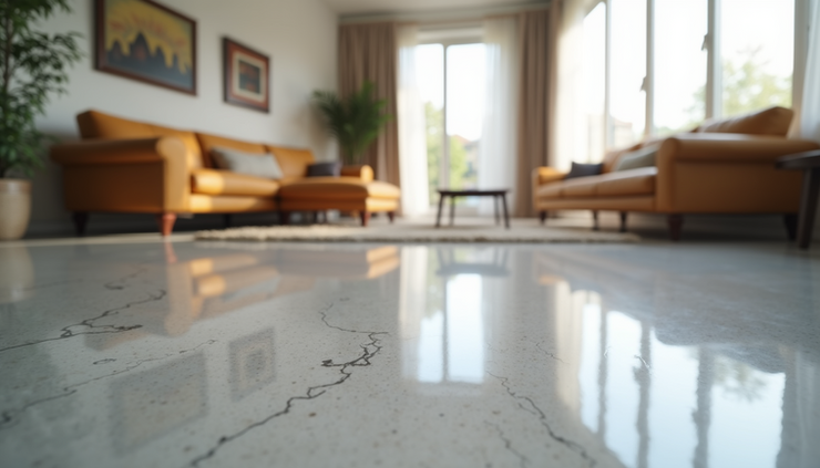 Eye-level view of a glossy epoxy floor in a modern Toronto home living room A high-end glossy epoxy floor in a modern Toronto home interior, natural light reflecting off a seamless epoxy surface, clean minimal design, professional residential space, realistic photography style, neutral tones, premium flooring finish, no people, no text