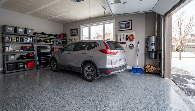 Wide-angle view of a clean epoxy garage floor with a parked vehicle and organized storage shelves