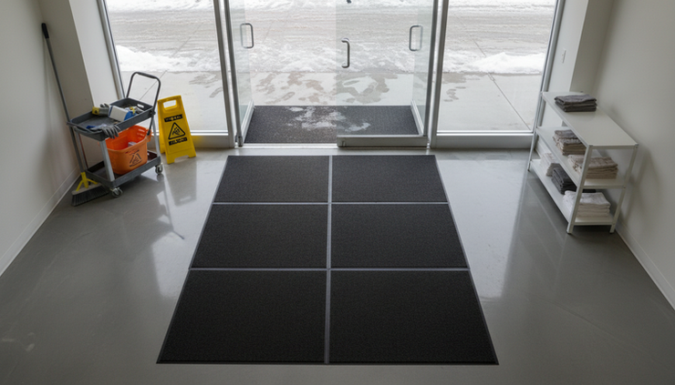 Overhead view of a retail entrance with mats on a clean epoxy floor