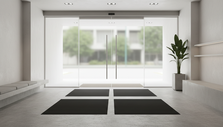 Eye-level view of a retail entrance with textured epoxy flooring and floor mats near glass doors.