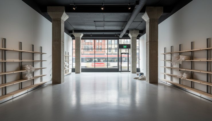 Wide-angle view of a polished epoxy floor inside an empty Toronto retail showroom