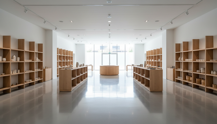 Wide-angle view of a clean retail showroom with glossy epoxy flooring and simple display shelves.