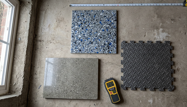 Overhead view of basement flooring samples placed on a concrete slab beside a moisture meter