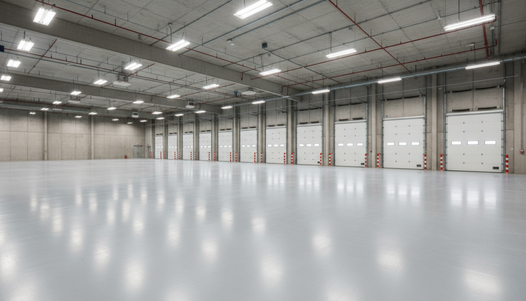Wide-angle view of a clean commercial warehouse floor with a seamless grey epoxy coating