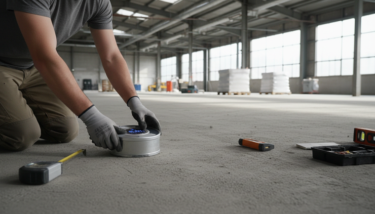 Eye-level view of a technician testing moisture on a commercial concrete floor