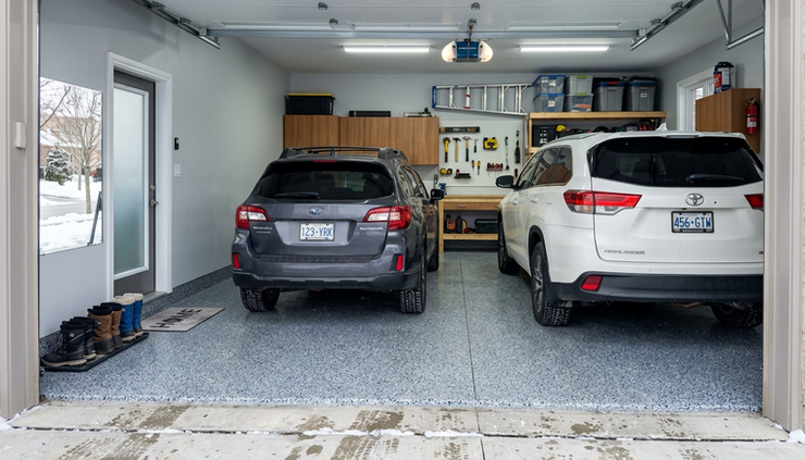 Wide-angle view of a clean epoxy garage floor in a York Region home