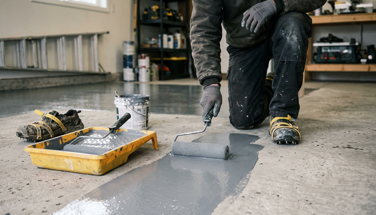 Eye-level view of epoxy being rolled onto a clean concrete garage floor.