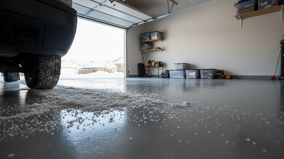 Wide-angle view of a finished epoxy garage floor in Ontario winter light