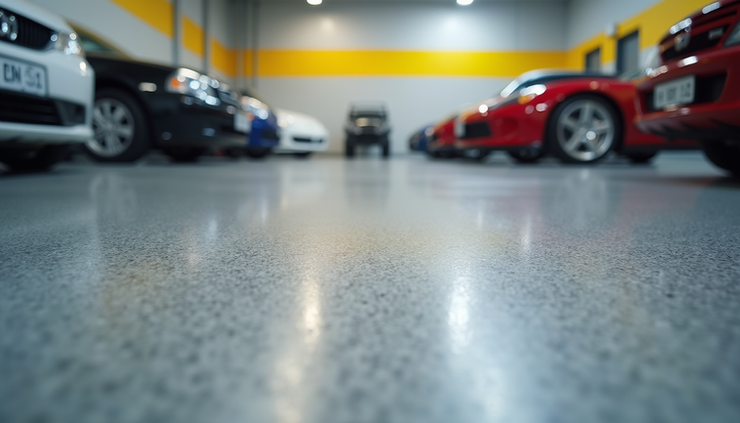 Eye-level view of a modern Markham home garage with smooth grey epoxy flooring