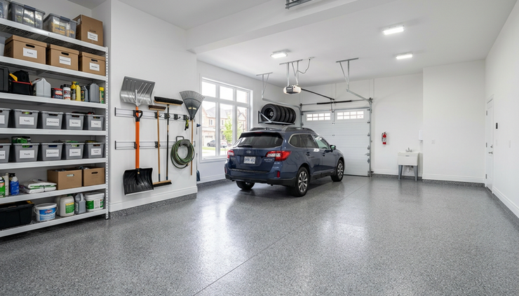 Wide-angle view of a finished residential garage with a flake epoxy floor