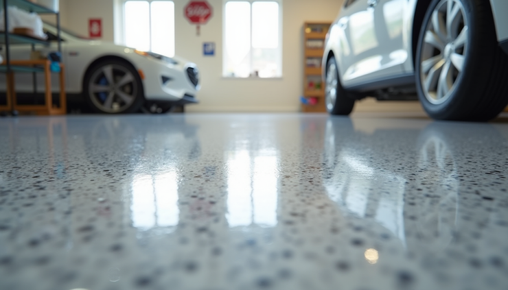 Eye-level view of a clean Vaughan garage floor with glossy epoxy coating