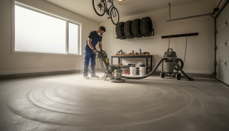 Wide-angle view of a Markham garage floor being prepared with a diamond grinder