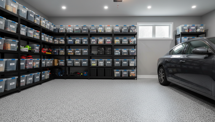 Eye-level view of a finished flake epoxy garage floor in a Markham home