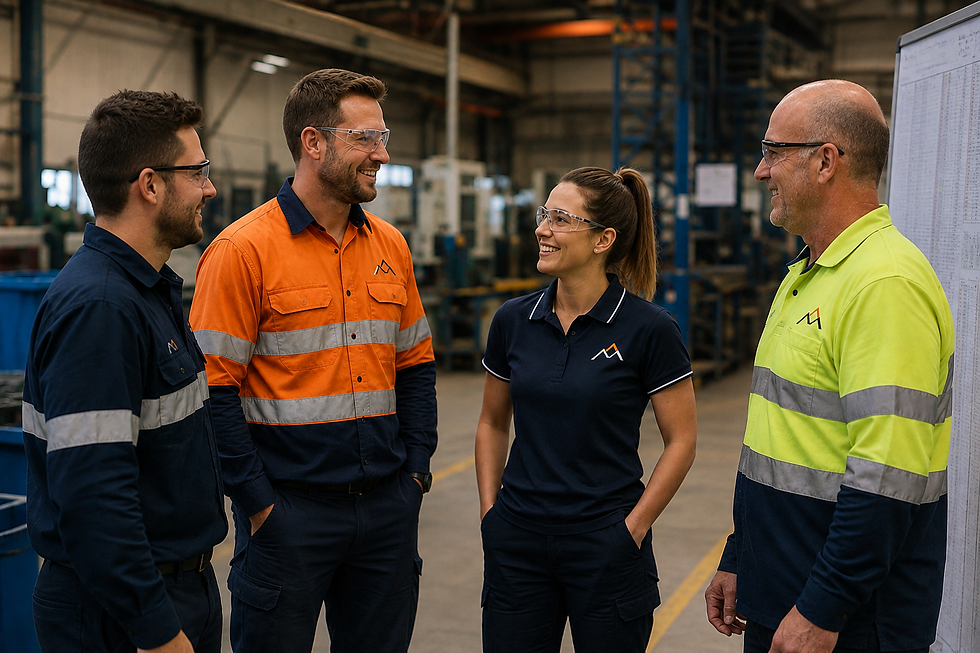 Manufacturing and industrial team wearing coordinated hi-vis workwear, polos and uniforms in a warehouse setting