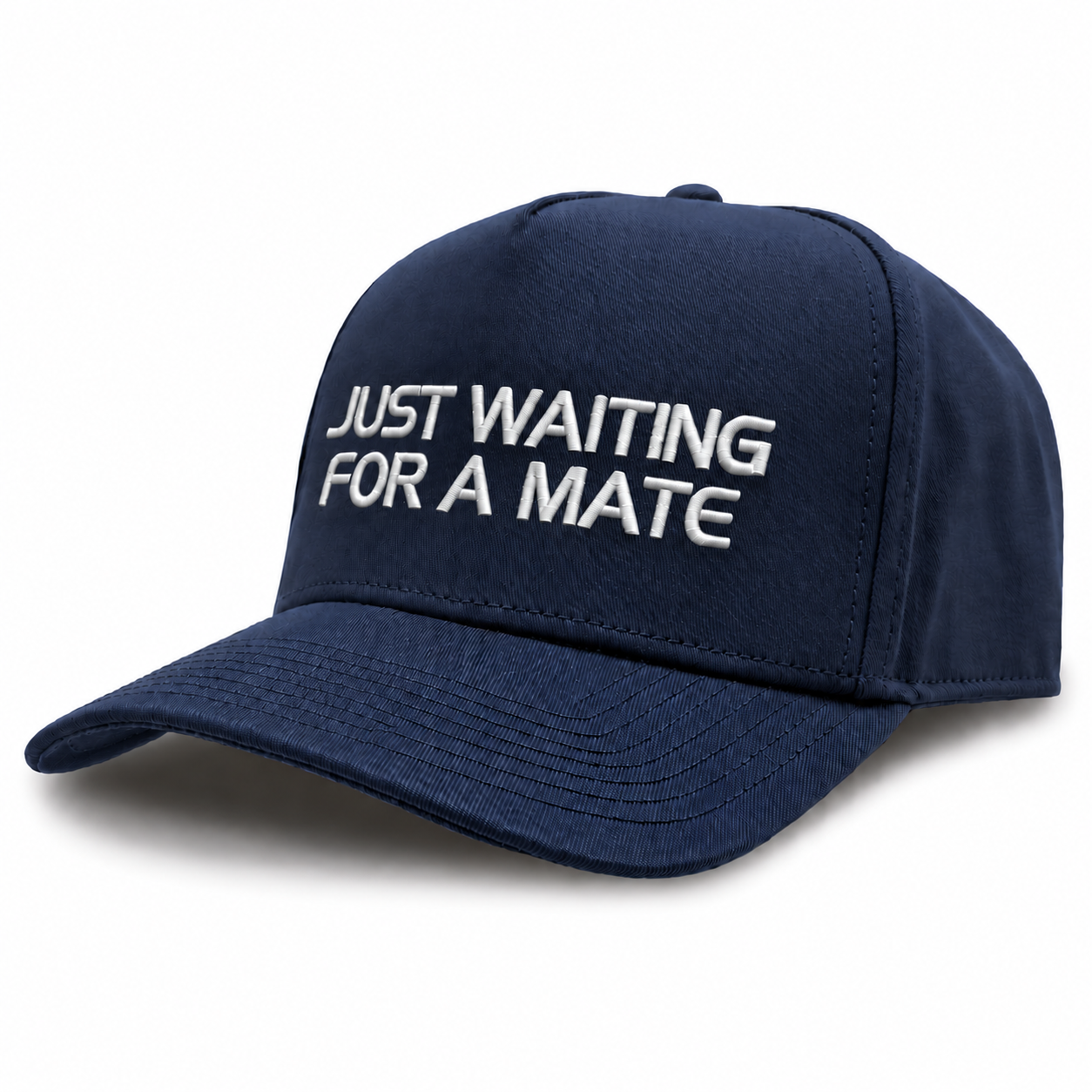Just Waiting for a Mate navy embroidered cap with white stitching