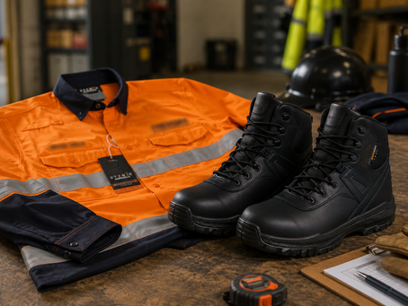 black safety footwear boots beside embroidered orange drill shirt workwear