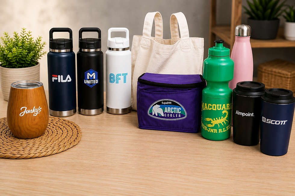 promotional products including coffee cups, drink flasks, cooler bags and tote bag