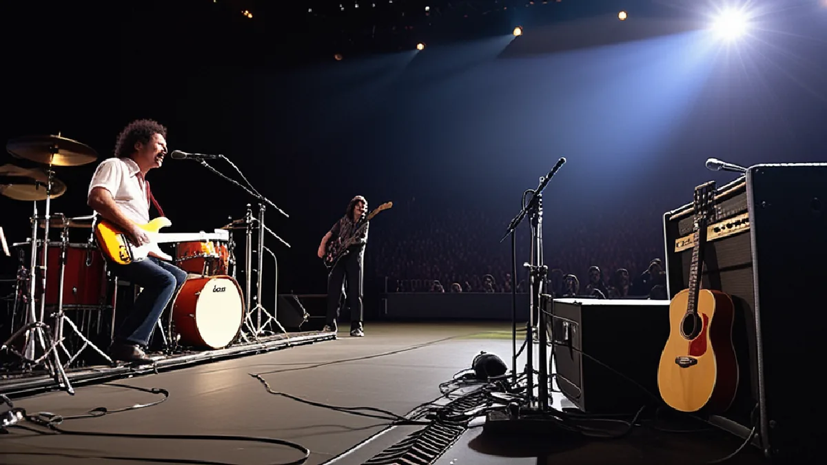 An empty illuminated stage with guitar and amplifier evokes psychedelic music’s journey from 1969 to the present.