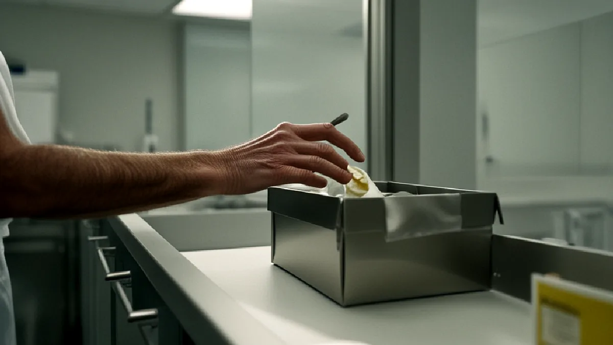 Gloved hands secure an unlabelled medical cannabis package in a Virginia dispatch facility under regulated handling procedures.